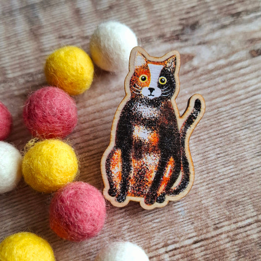 Calico Cat Wooden Brooch Pin