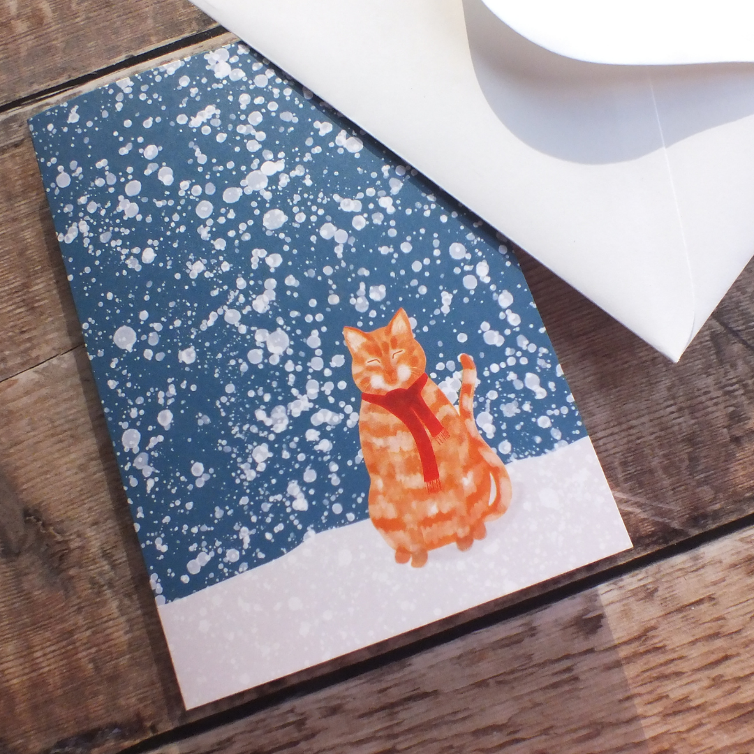 Ginger Cat in the snow Christmas Card