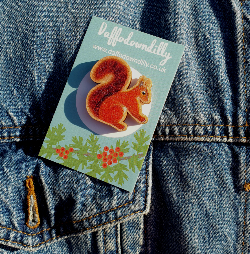 Red Squirrel Wooden Brooch Pin