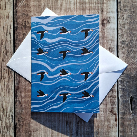Flying Puffins Greeting Card