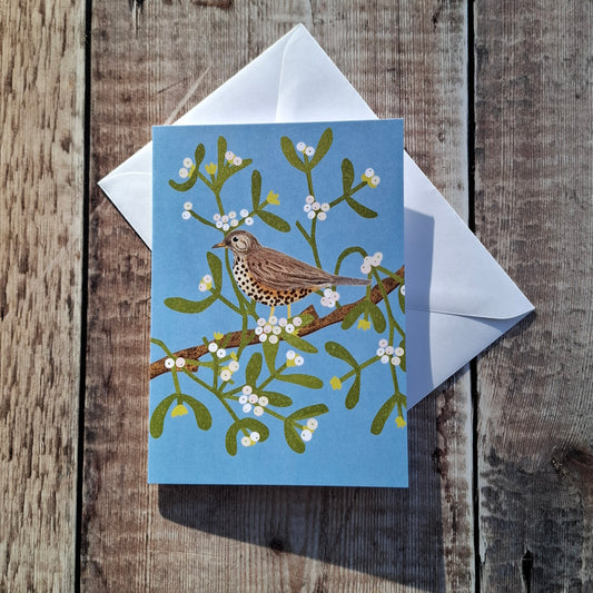 Mistle Thrush and Mistletoe Greeting Card