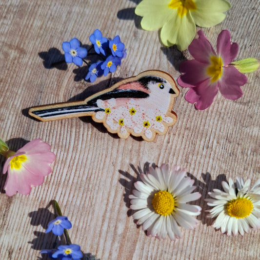 Long Tailed Tits Wooden Brooch Pin