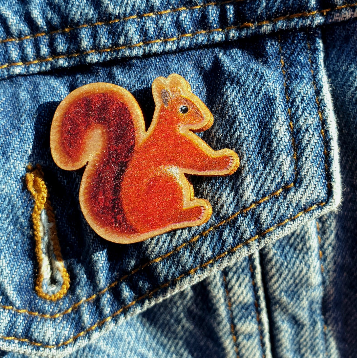 Red Squirrel Wooden Brooch Pin