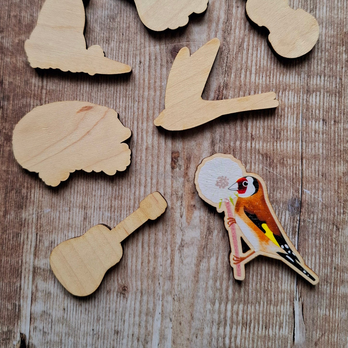 Goldfinch and Dandelion Wooden Brooch Pin