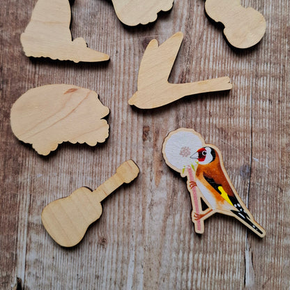 Goldfinch and Dandelion Wooden Brooch Pin
