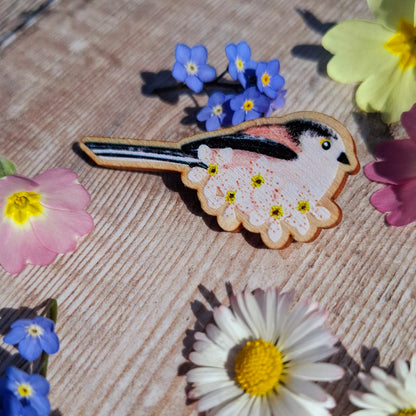 Long Tailed Tits Wooden Brooch Pin