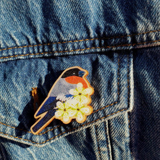 Bullfinch Wooden Brooch Pin