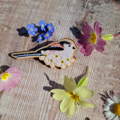 Long Tailed Tits Wooden Brooch Pin