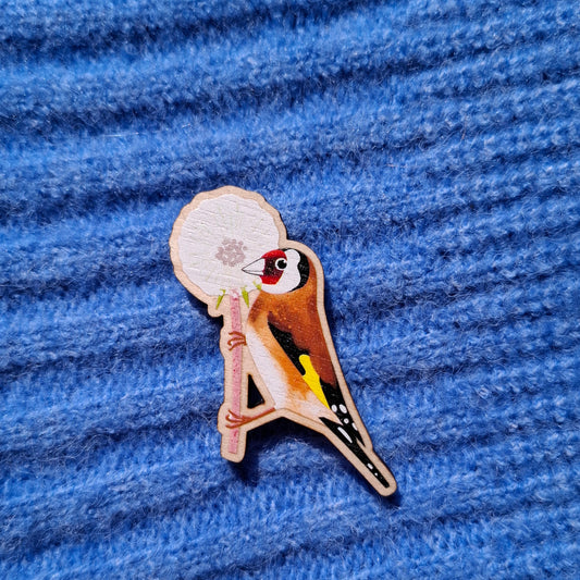 Goldfinch and Dandelion Wooden Brooch Pin