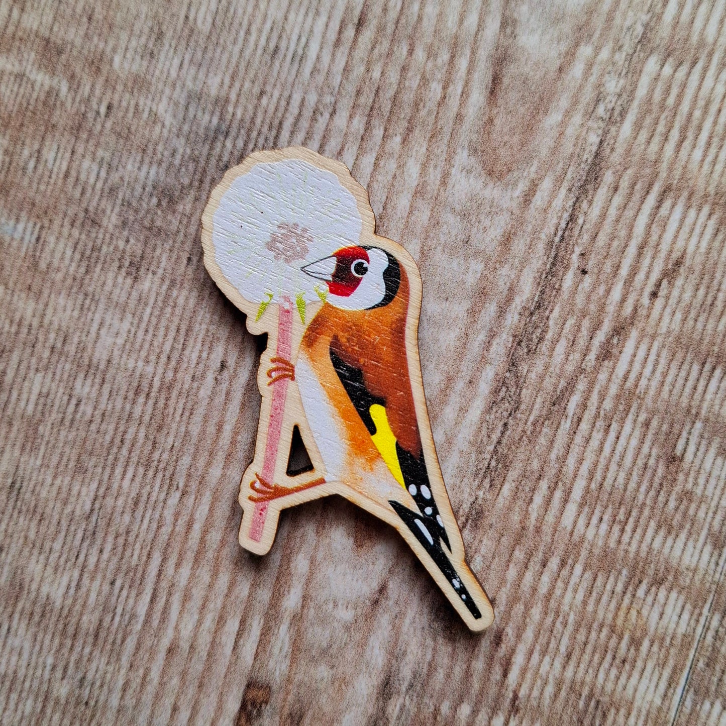 Goldfinch and Dandelion Wooden Brooch Pin