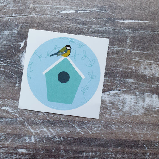 Great Tit on Birdbox 38mm Vinyl Sticker