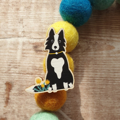 Collie Dog Wooden Pin Brooch